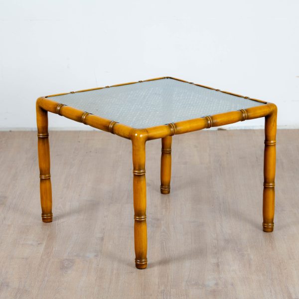 Table d'appoint en bois bambou, cannage et verre carré, 1970
