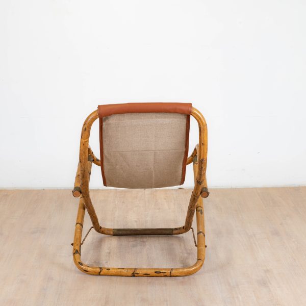 Fauteuil en cuir de salon pliant vintage structure bambou et laiton, Italie, années 1960