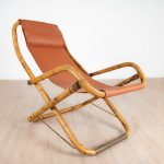 Fauteuil en cuir de salon pliant vintage structure bambou et laiton, Italie, années 1960