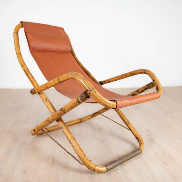 Fauteuil en cuir de salon pliant vintage structure bambou et laiton, Italie, années 1960