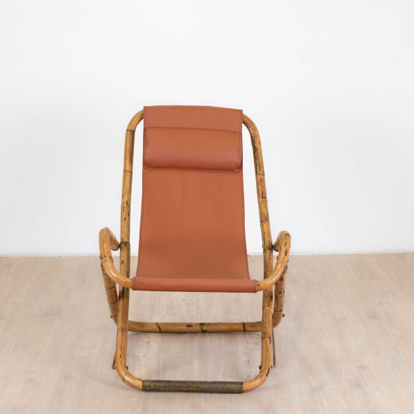 Fauteuil en cuir de salon pliant vintage structure bambou et laiton, Italie, années 1960
